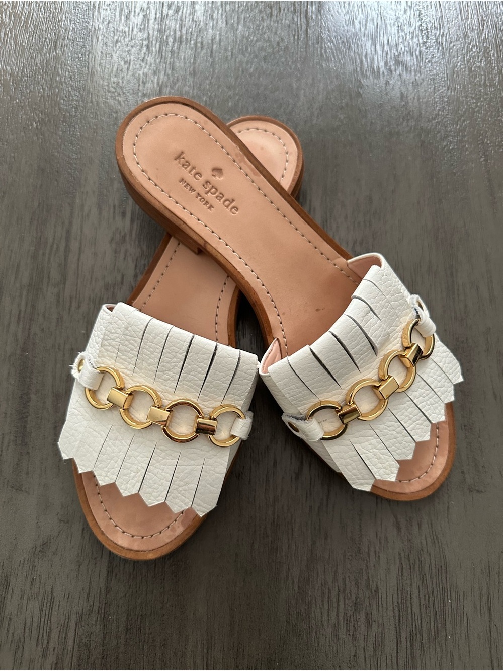 kate spade White Fringe Slide Sandals with Gold Chain Mules